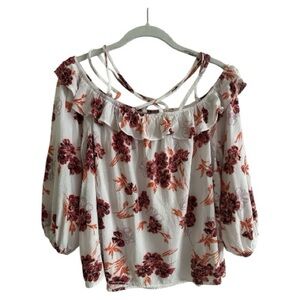 Chic boho inspired Entro Floral Off-Shoulder Ruffle Blouse - Criss-Cross detail